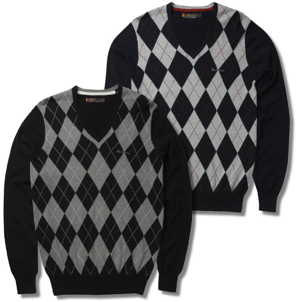/Classic Ben Sherman Retro Mod Argyle Knit L/S V Neck Jumper Navy 3XL | Adaptor Clothing